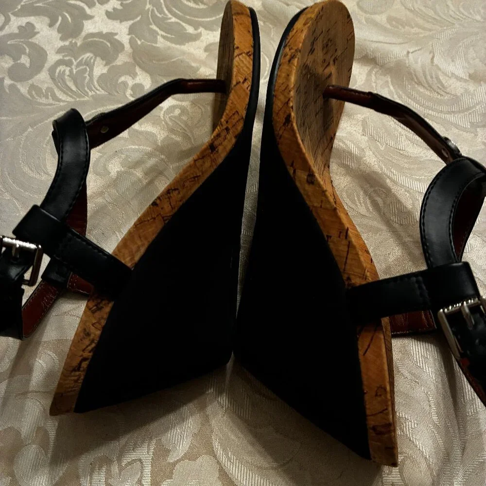 Lauren Ralph Lauren Navy Cork Wedge Sandals T Strap Adjustable Buckle-NEW - 6.5B